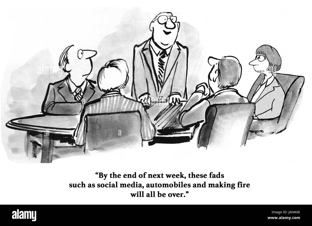 Business-Karikatur über einen Manager, der glaubt, social-Media ist eine Modeerscheinung. Stockfoto