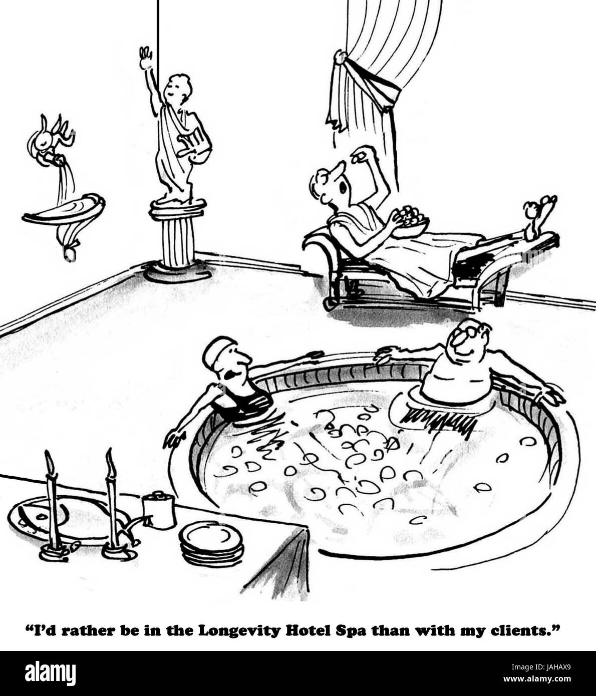 Geschäftliche Cartoon über Geschäftsleute genießen Sie den Wellnessbereich des Hotels Langlebigkeit und funktioniert nicht mit ihren Kunden. Stockfoto