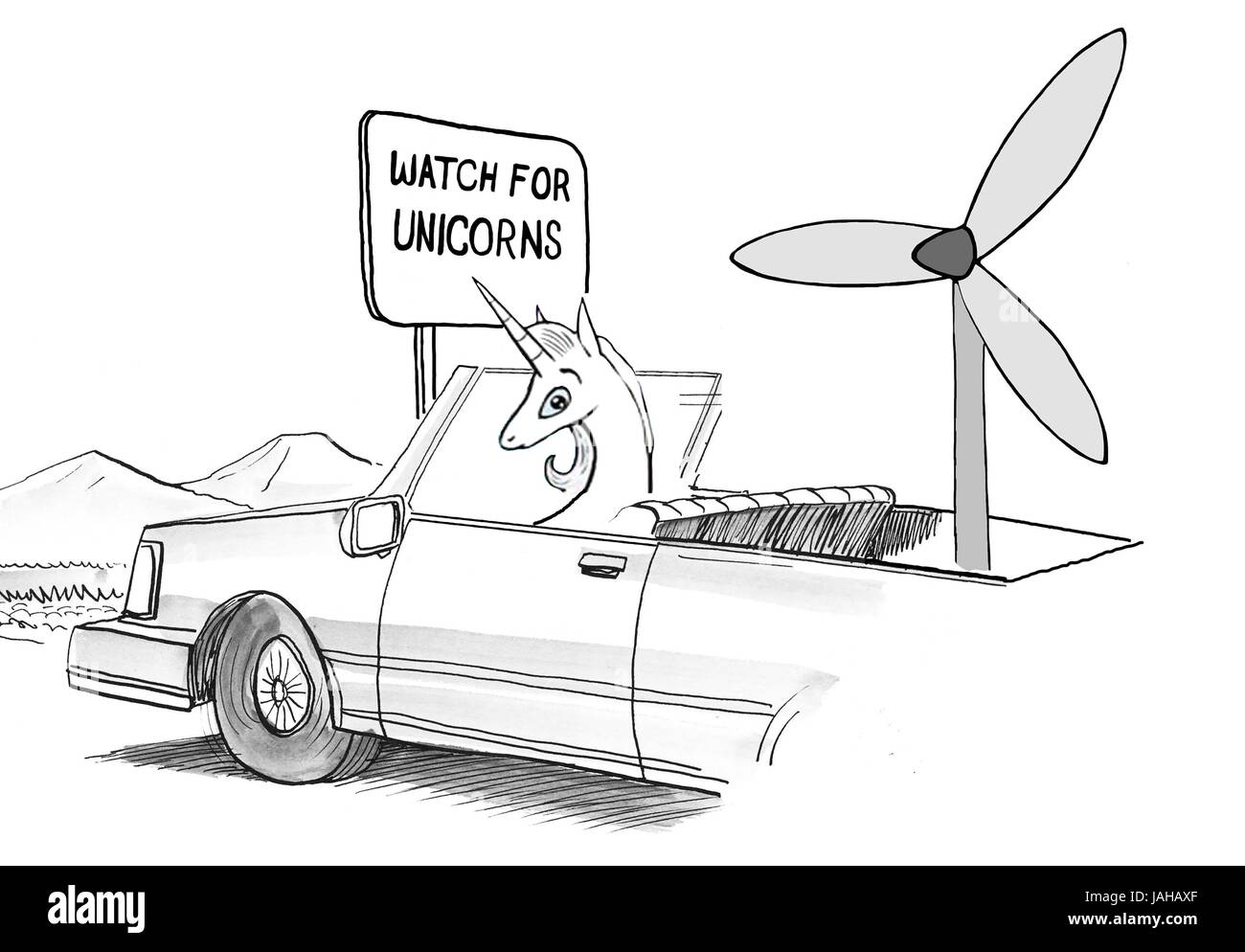 Geschäft Cartoon Illustration über ein Einhorn in einem Wind angetrieben autonomes Fahrzeug. Stockfoto