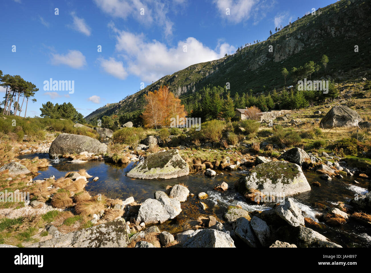Grauwacken Fluss und das Gletscher-Tal in der Serra da Estrela Naturparks, Portugal Stockfoto