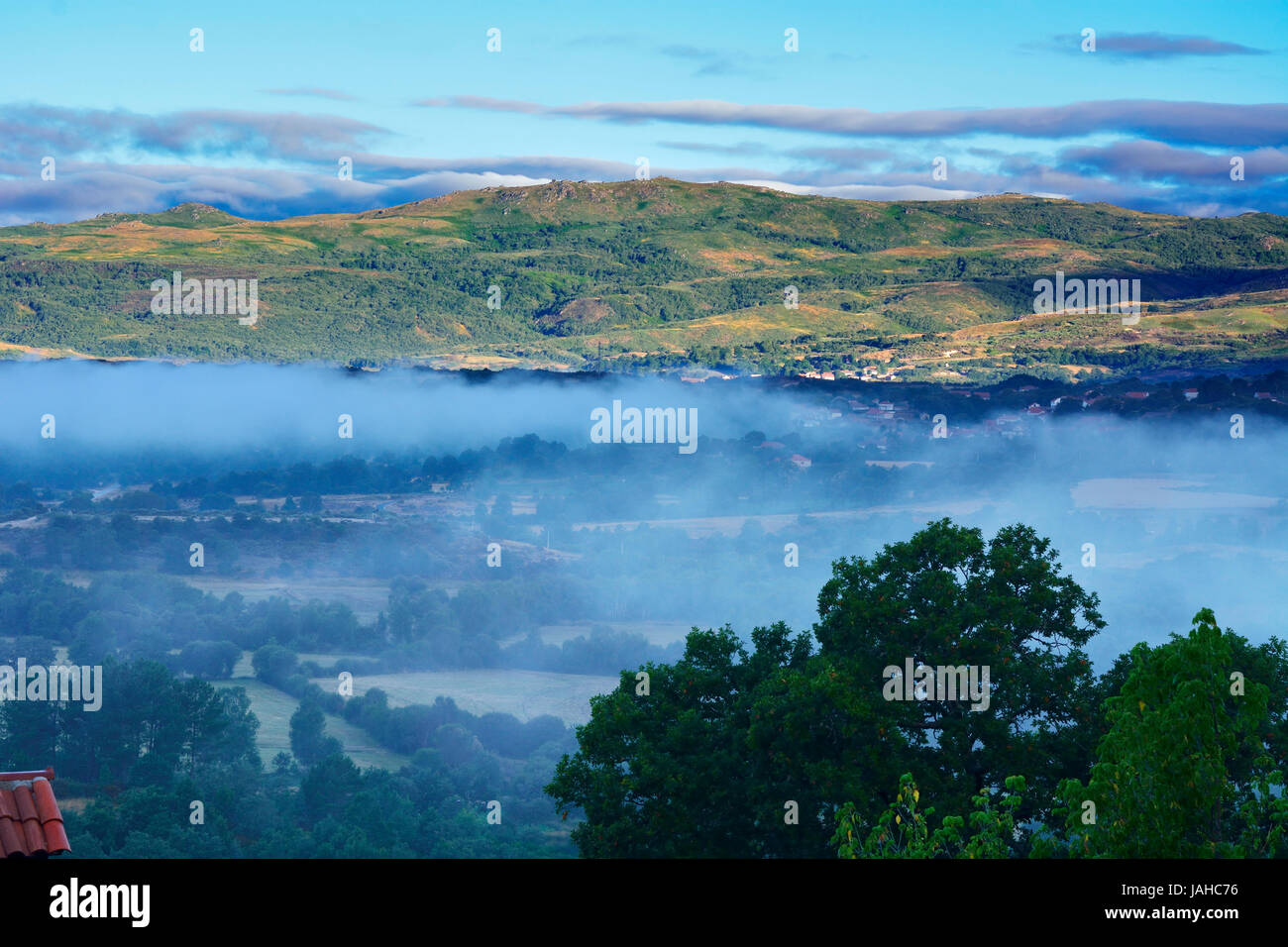 Cavado Flusstal an einem nebligen Morgen. Montalegre, Portugal Stockfoto