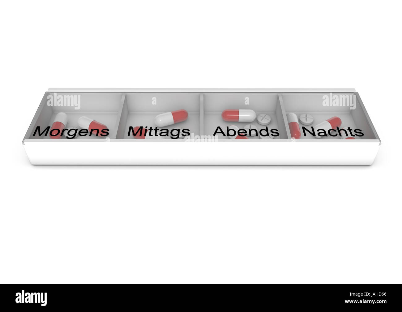 Pillbox mit Pillen zur jeder Tageszeit in deutscher Sprache