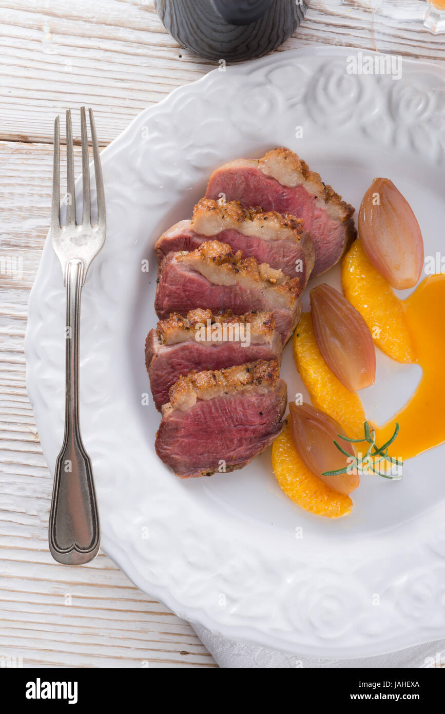 Gans Filet mit Orangen-Sherry-sauce Stockfoto