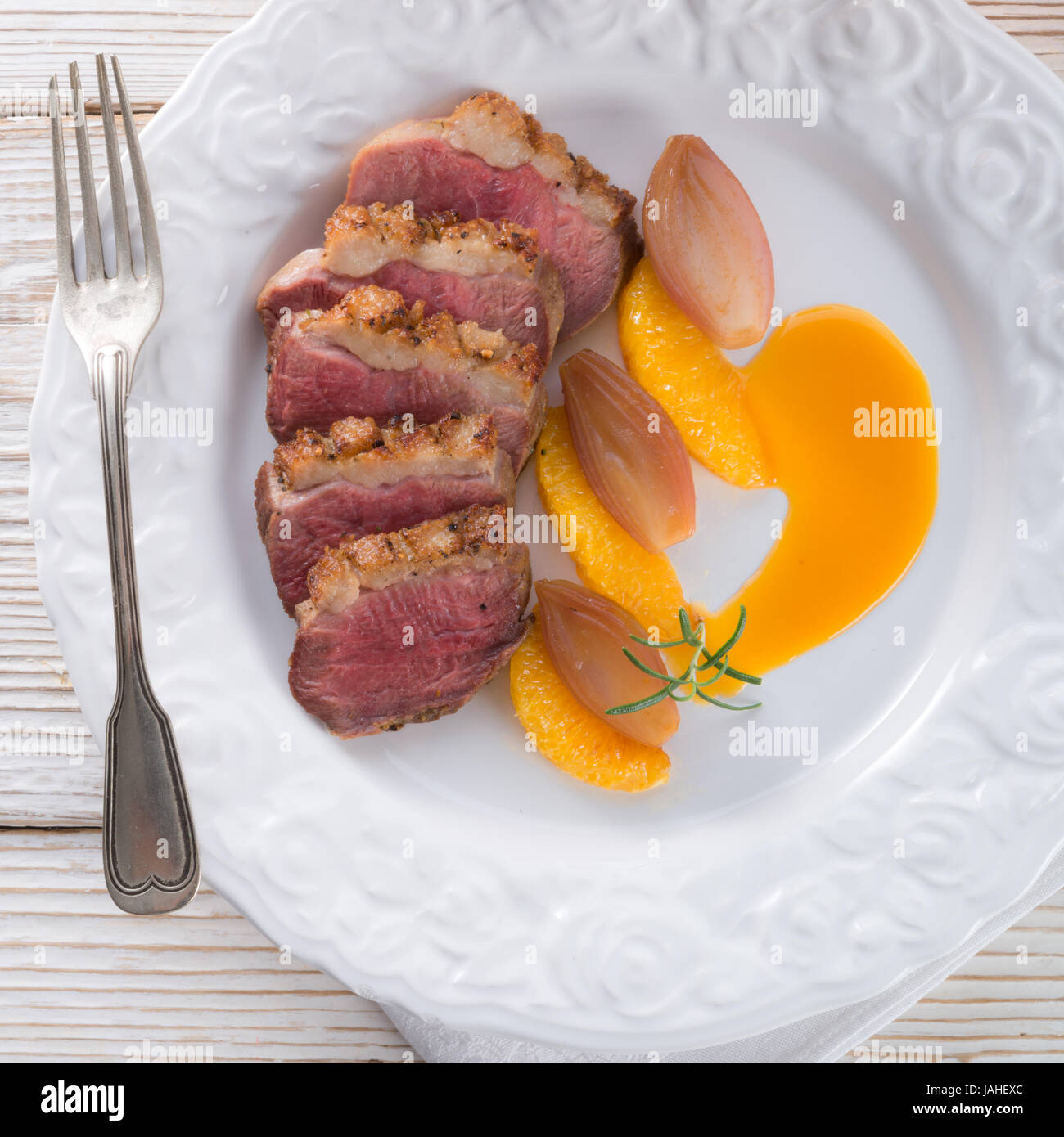 Gans Filet mit Orangen-Sherry-sauce Stockfoto