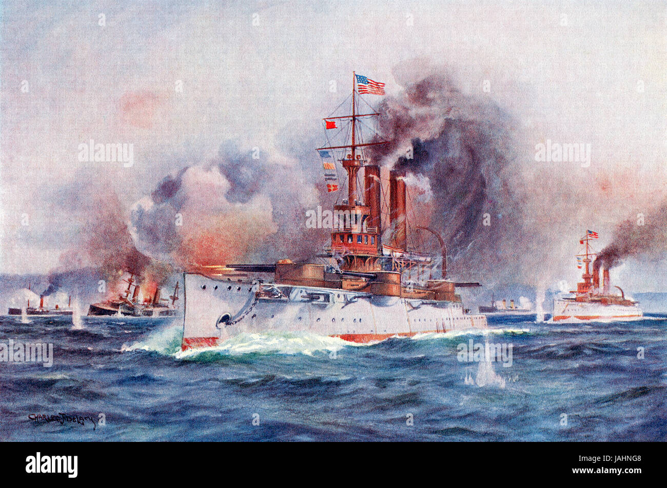 Zerstörung der spanischen Flotte außerhalb Santiago Hafen während des Spanisch - Amerikanischen Krieg 1898.  Hutchinson Geschichte der Nationen veröffentlichte 1915. Stockfoto