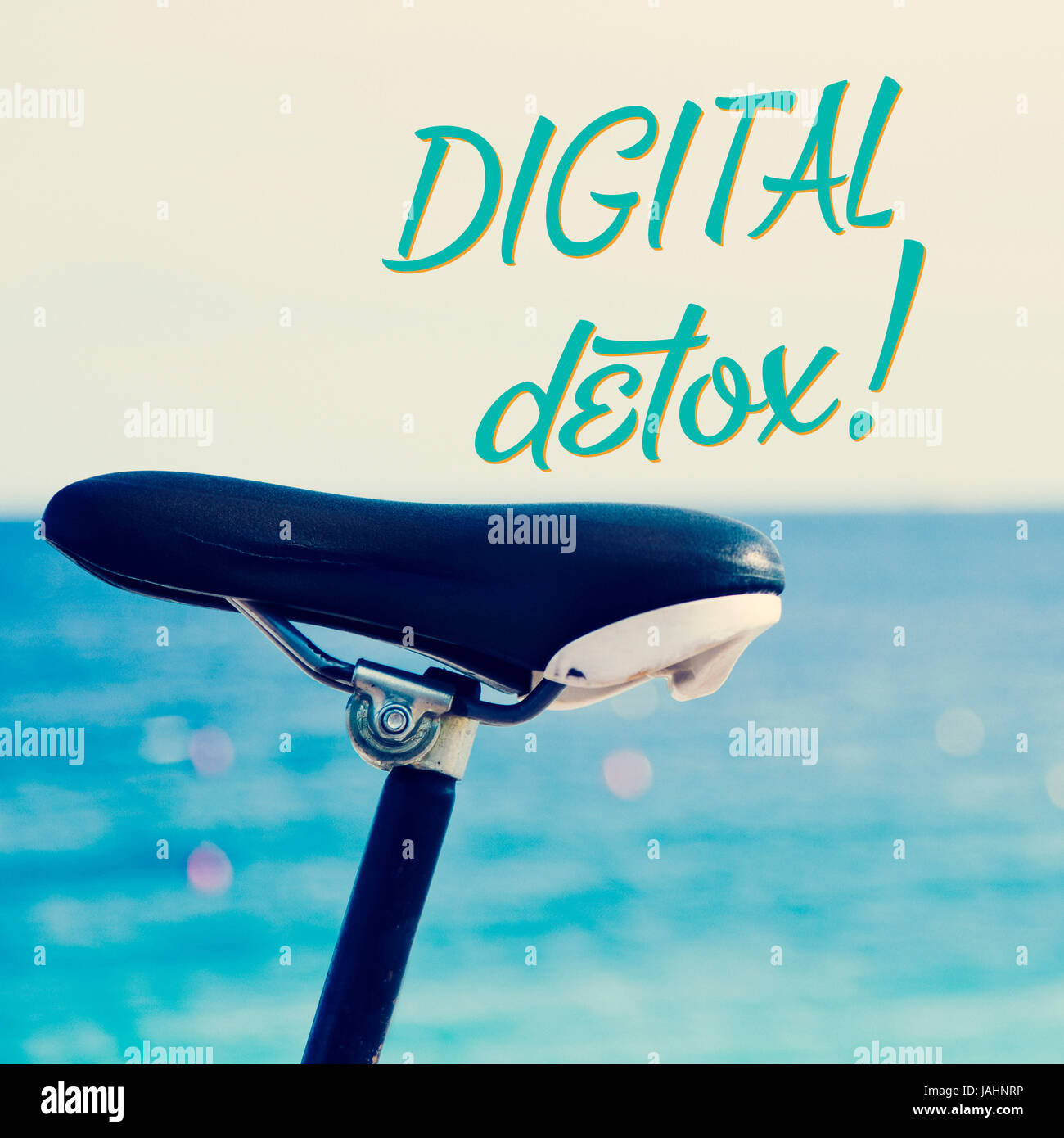Nahaufnahme von dem Sattel eines Fahrrads geparkt neben dem Meer und der Text digital detox Stockfoto