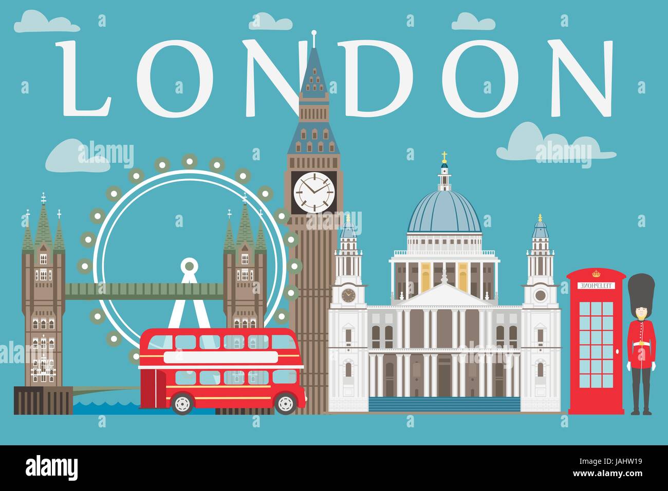 London-Reise-Info-Grafik. Vektor-Illustration, Big Ben, Eye, Tower Bridge und Doppeldecker-bus, Polizei-Box, St Pauls Cathedral, Queens Garden, Telefon. Stock Vektor