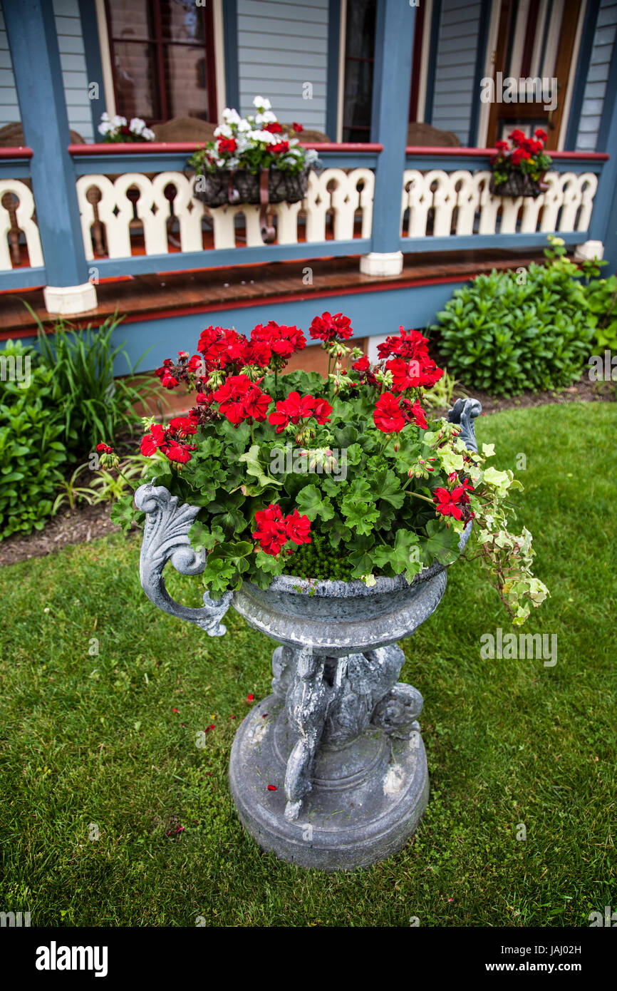 Vintage Victorian The Abby B & B, Gartentopf, Geranien und Efeu Topf, Cape May County, New Jersey, USA, US 2017 Haus Front pt Containerpflanzen Stockfoto