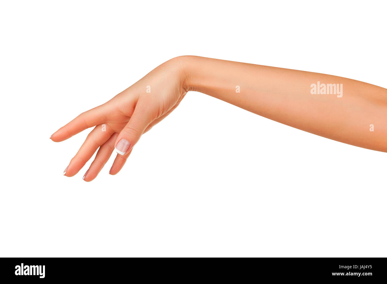 Nahaufnahme der schönen Frauenhand isoliert auf weißem Hintergrund. Handfläche nach unten Stockfoto
