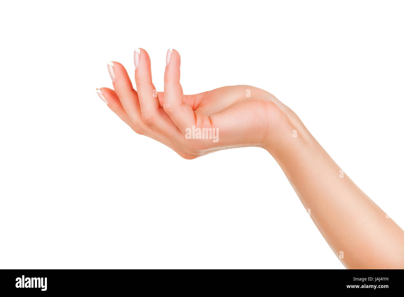 Öffnen Sie die Hand einer Frau, Handfläche nach oben isoliert auf weißem Hintergrund Stockfoto