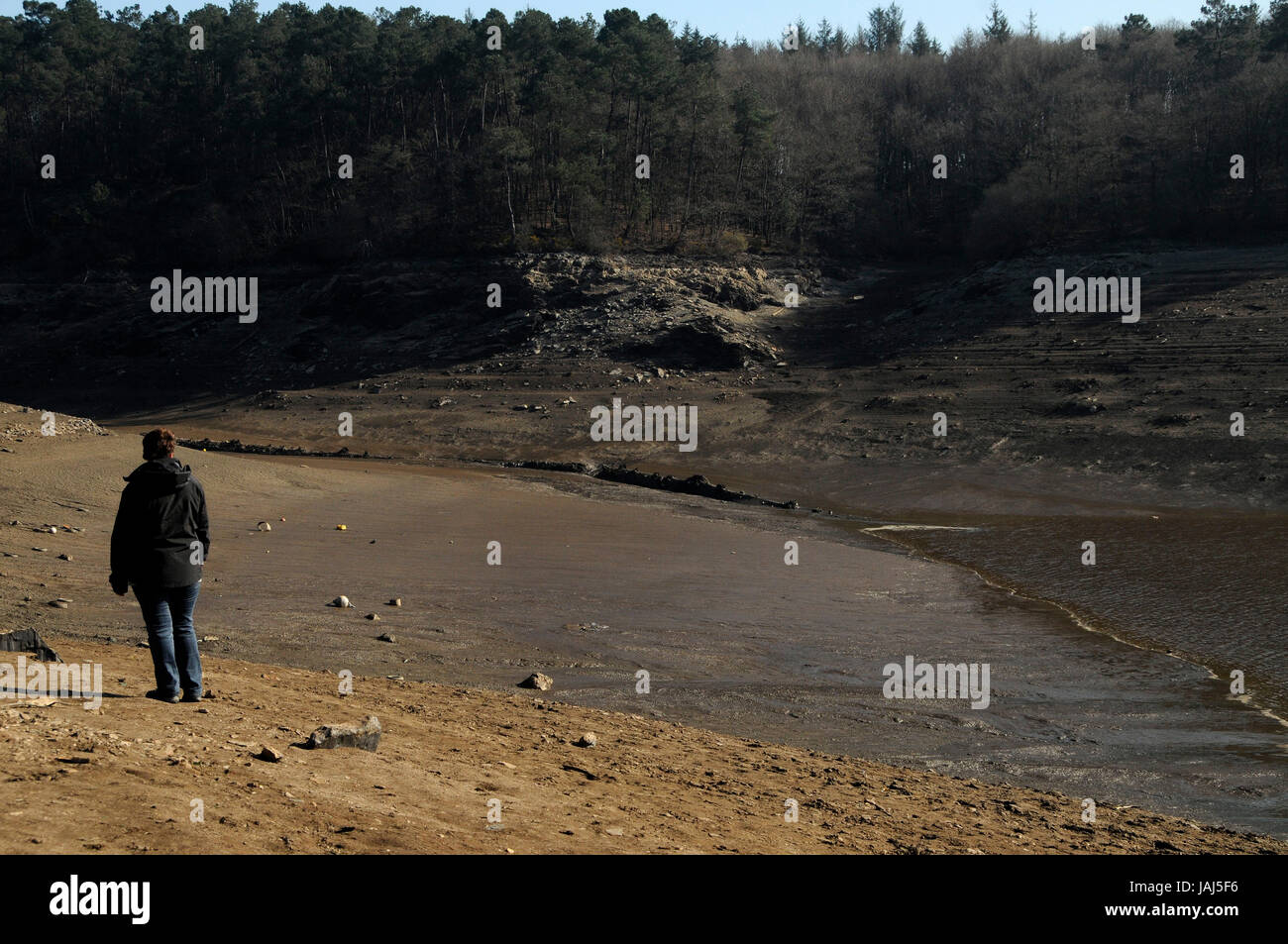 See Guerlédan, zentralen Bretagne, wird zum ersten Mal in 25 Jahren entwässert. Stockfoto