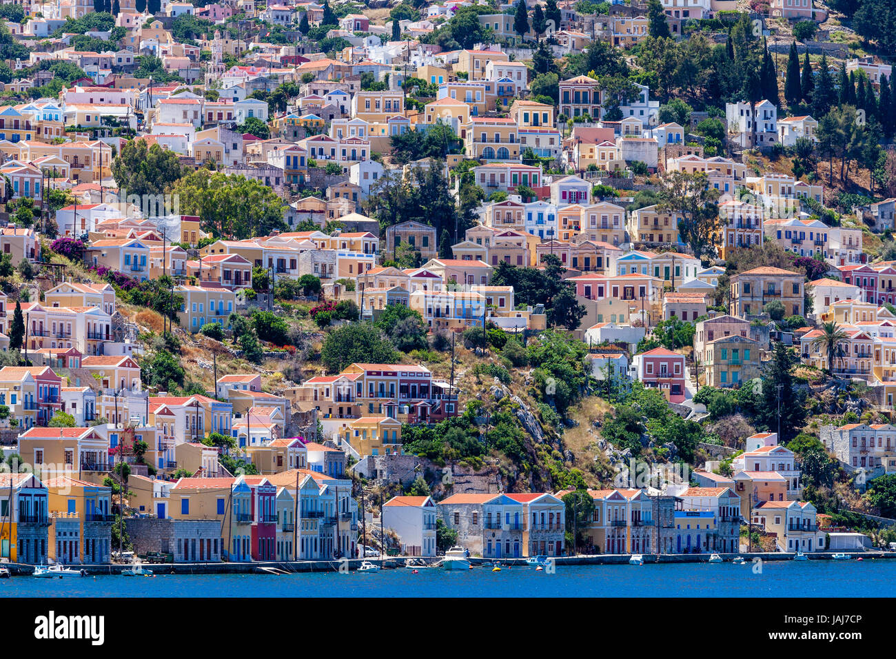 Bunte Häuser, Insel Symi, Dodekanes, Griechenland Stockfoto