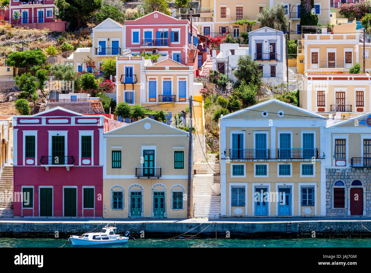 Bunte Häuser, Insel Symi, Dodekanes, Griechenland Stockfoto