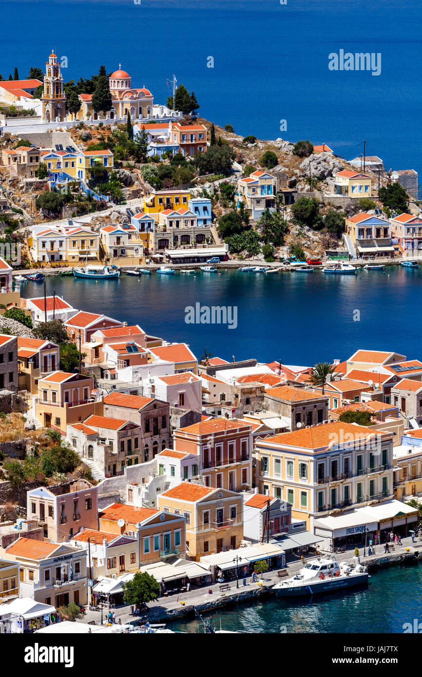 Bunte Häuser, Insel Symi, Dodekanes, Griechenland Stockfoto
