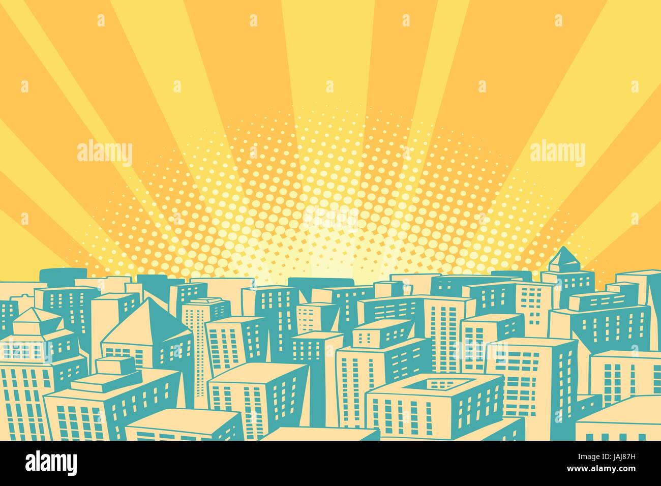 Pop-Art-Sonnenaufgang über der modernen Stadt Stock Vektor