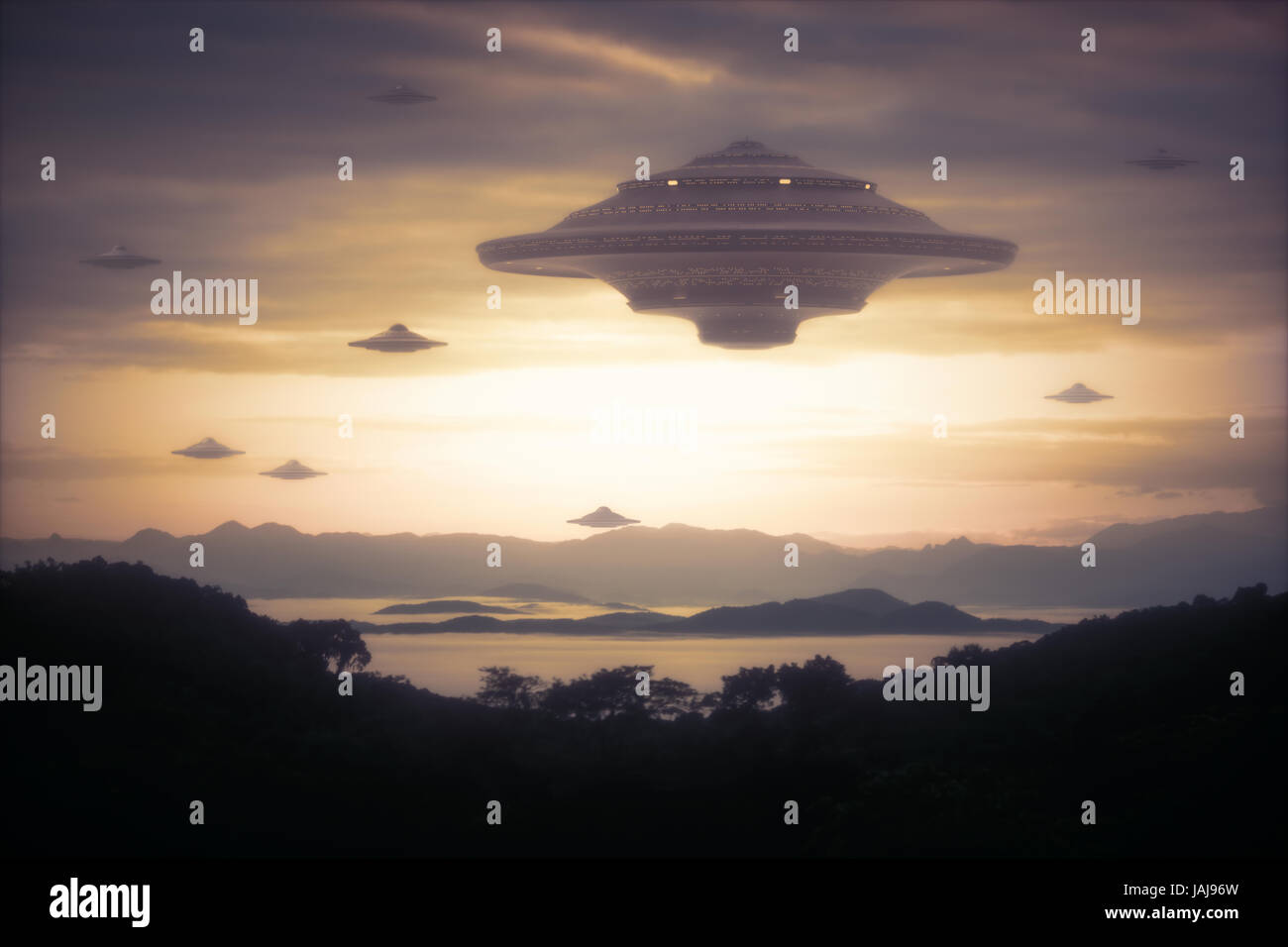 3D Darstellung mit der Fotografie. Alien-Invasion der Raumschiffe. Stockfoto