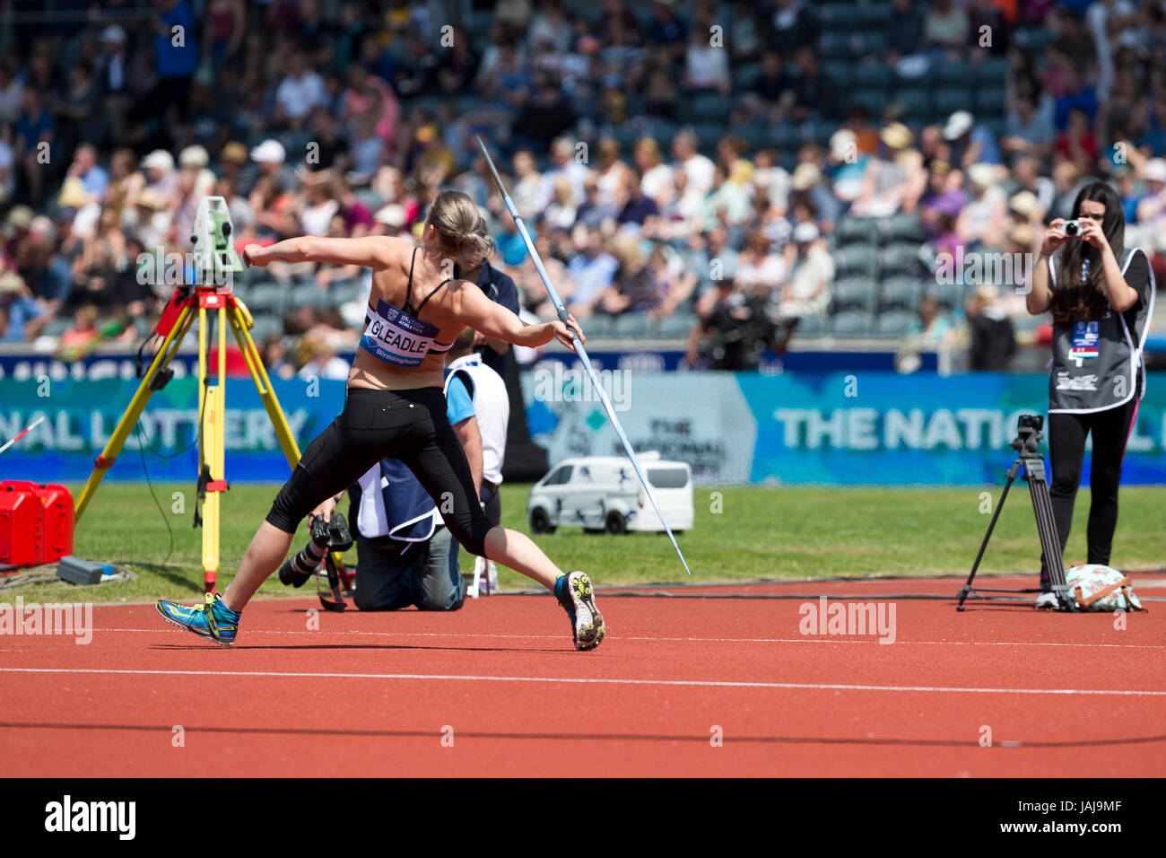Elizabeth GLEADLE konkurrieren im Speerwerfen bei den 2016 Diamond League, Alexander Stadium, Birmingham, UK, 6. Juni 2016. Stockfoto
