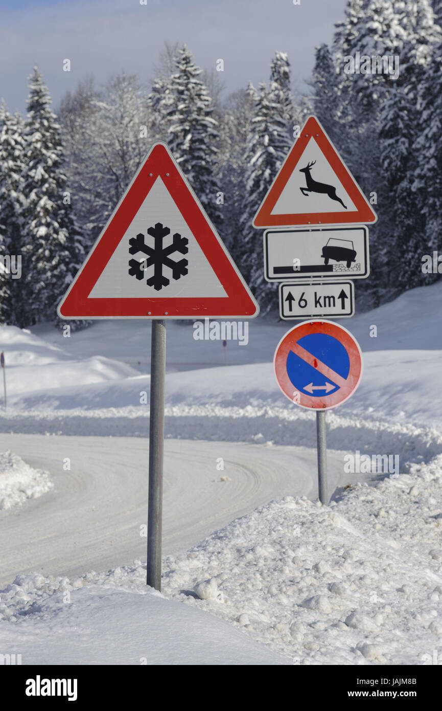 Verkehrszeichen, Schnee und Glatteis, Wildwechsel, Stockfoto