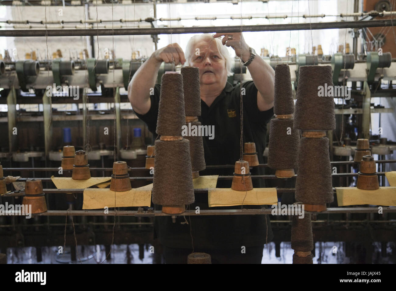 Schottland, New Lanark, Textilfabrik, "Spinning Mule", Spinnmaschine, Arbeiter, Stockfoto