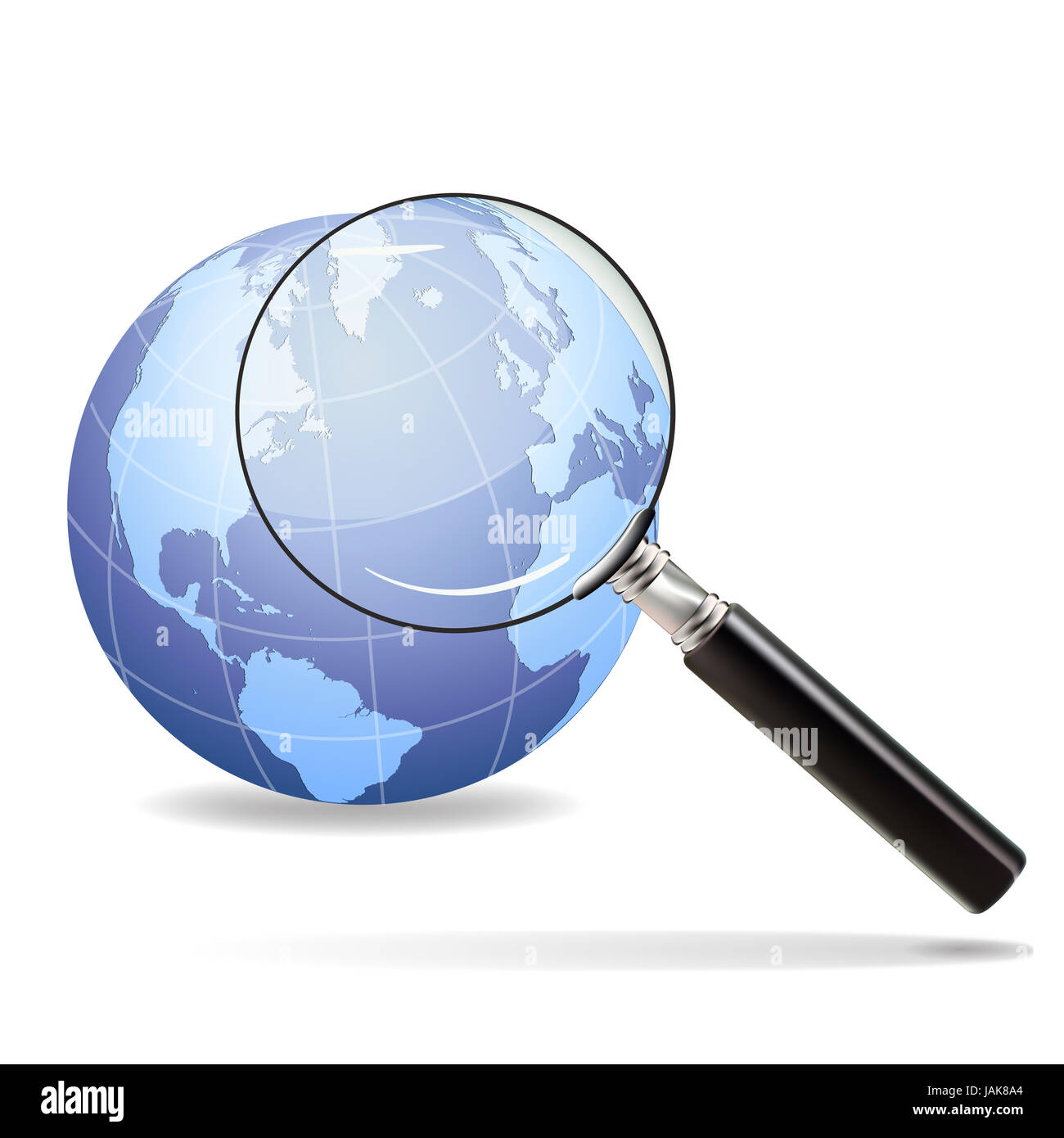 Magnifying Glass konzentriert sich auf den alten Kontinent auf dem Planetenerde Stockfoto