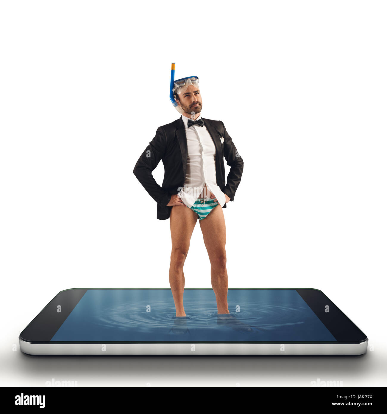 Geschäftsmann braucht Hilfe, um im Web surft mit seinem smartphone Stockfoto