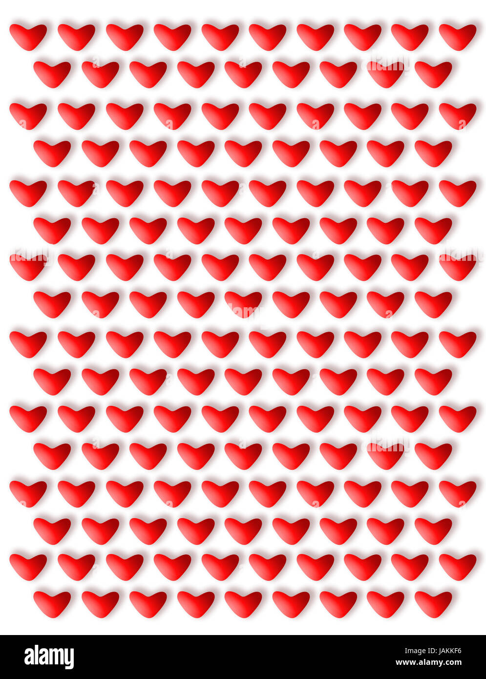 ungewöhnliche Textur aus vielen roten Herzen auf dem weißen Hintergrund Stockfoto