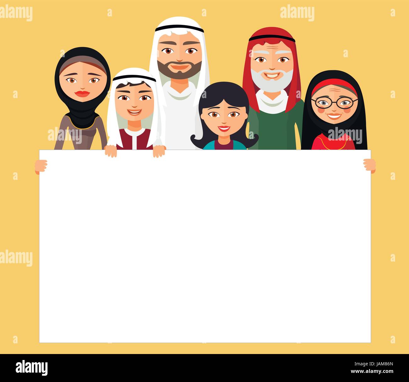 Arabische Familie, muslimischen Menschen, saudi Cartoon Mann und Frau. Muslimischen Familie mit Zeichen Vektor Stock Vektor