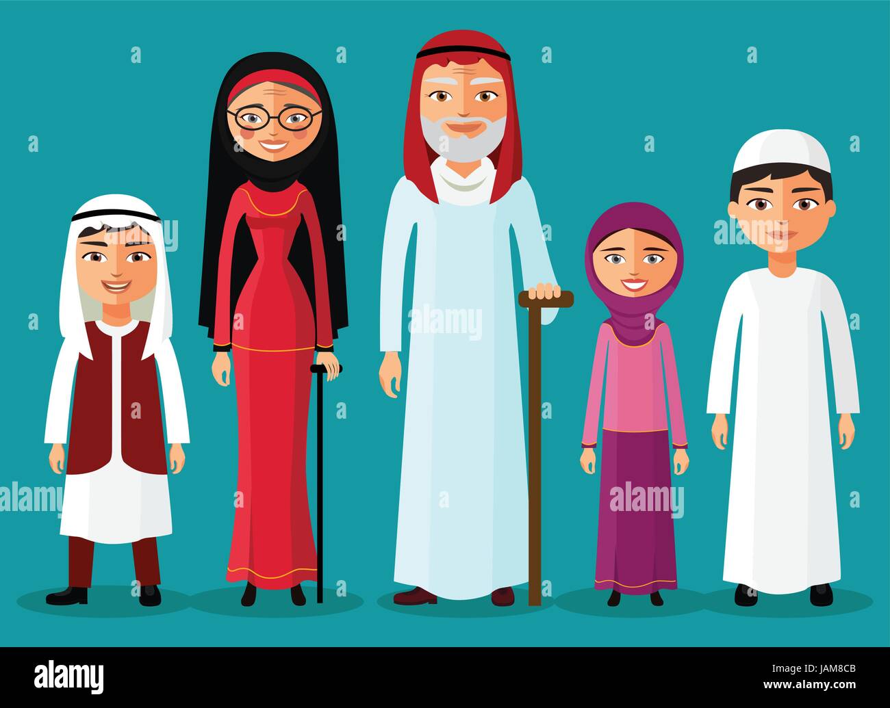 Arabische Großeltern mit Enkeln zusammen in einem flachen Stil. Enkelin, Opa, Oma und Enkel. Arabische alte Menschen. Vektor-Illustration. Stock Vektor