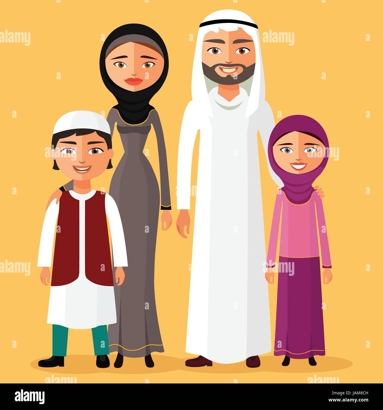 Arabische Familie ist glücklich zusammen. Vater, Mutter, Tochter, Sohn
