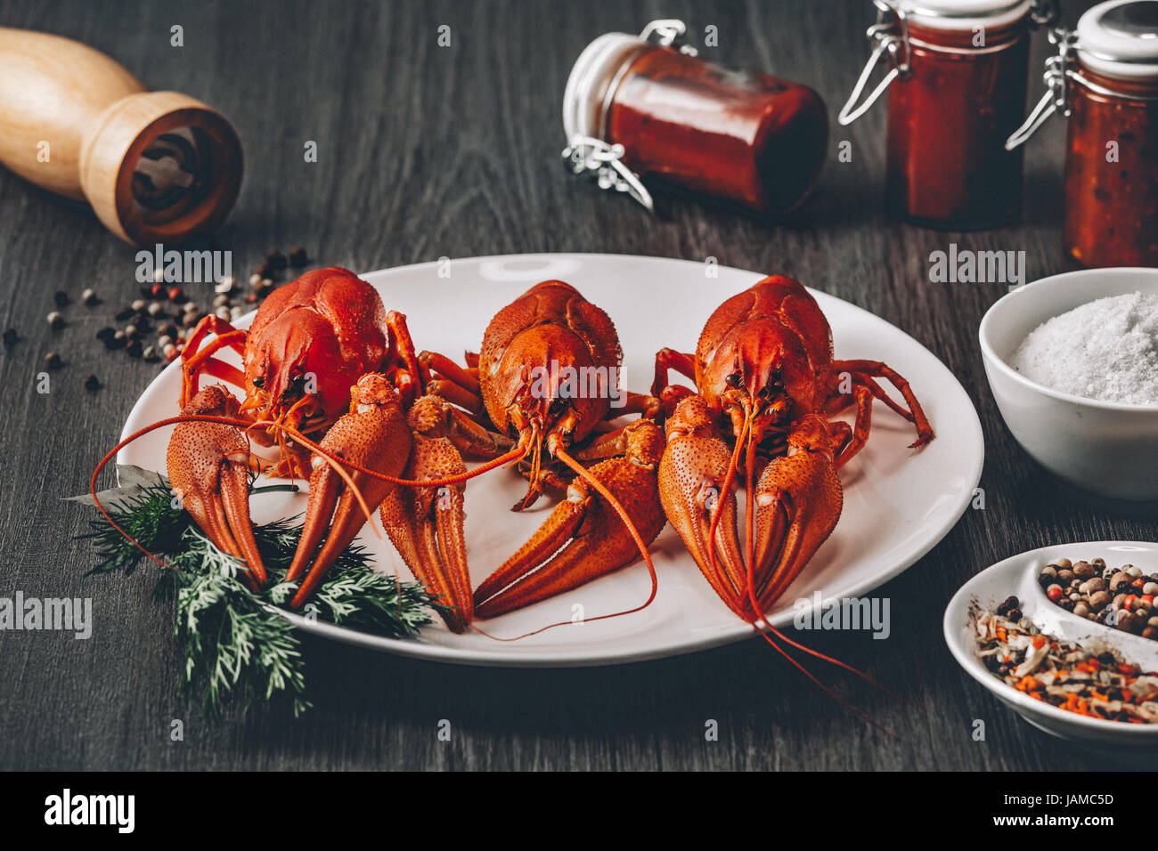 Drei gekochte frische Langusten in weißer Teller mit grünen Kräutern Stockfoto