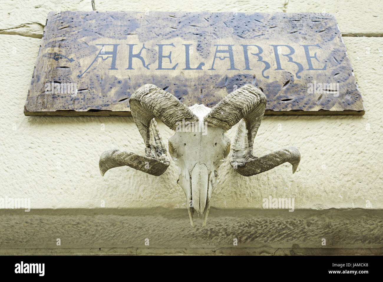Zirkel von Hexerei mit Ziegenbock Skelett am Eingang, Zauberei und event Stockfoto