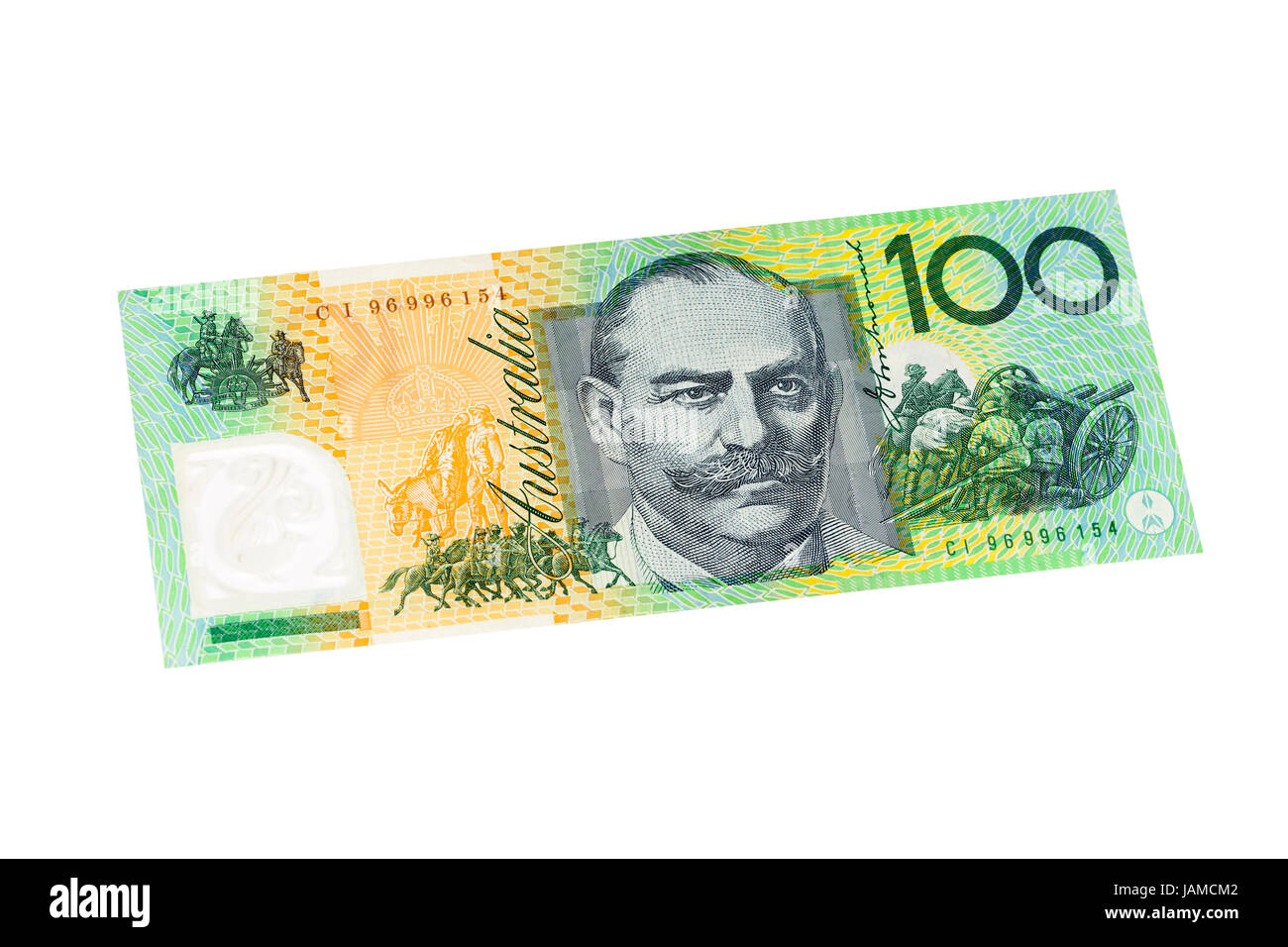 Australische hundert-Dollar-Banknote auf weißem Hintergrund Stockfoto