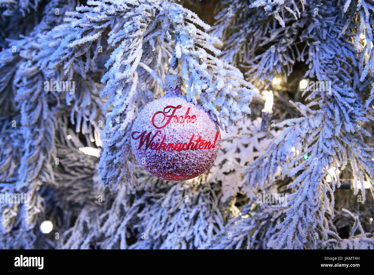Weihnachtsbaum, Detail, Zweig, schneebedeckte, Weihnachtsbaum-Kugel, "Merry Christmas", aufgemalt, Abend, [M], Weihnachten, Yule Flut, Weihnachtsabend, Heiligabend, Tradition, Christbaumschmuck, Weihnachtsdekoration, Baum-Schmuck herum, Dekokugel, Dekoration, Glaskugel, Kugel, zerbrechlich, sanft, gemalt, Schlaganfall, Schriftart, rot, für Weihnachten, zufriert, Schnee, Kälte, Frost, Eis, Schnee, Weihnachtsbaum, dekoriert, Lichter, Illuminateds, atmosphärische, Icon, Grüße, Wünsche, Weihnachtsgrüße , Weihnachten, Weihnachten Motiv, Weihnachten tuning, mittlere Close-Up, draußen, niemand, Stockfoto