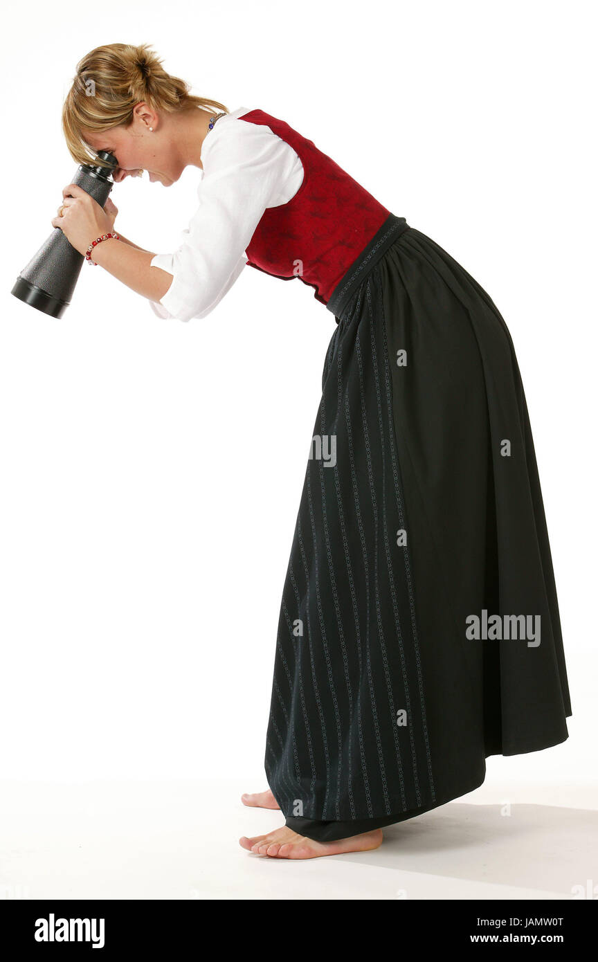 Frau, jung, Ständer, Dirndl, Fernglas schauen, Stock, Studio, bayerische, Person, individuell, Weiblich, Freis Platte, blond, Tracht, Tracht, rot, schwarz, Bluse, weiß, Blick, Blick, Fernglas, Tradition im bayerischen, halten, Blick, beobachten, suchen, schauen Sie, Arm Catena, Ohr Stecker, Schmuck, barfuß, Stockfoto