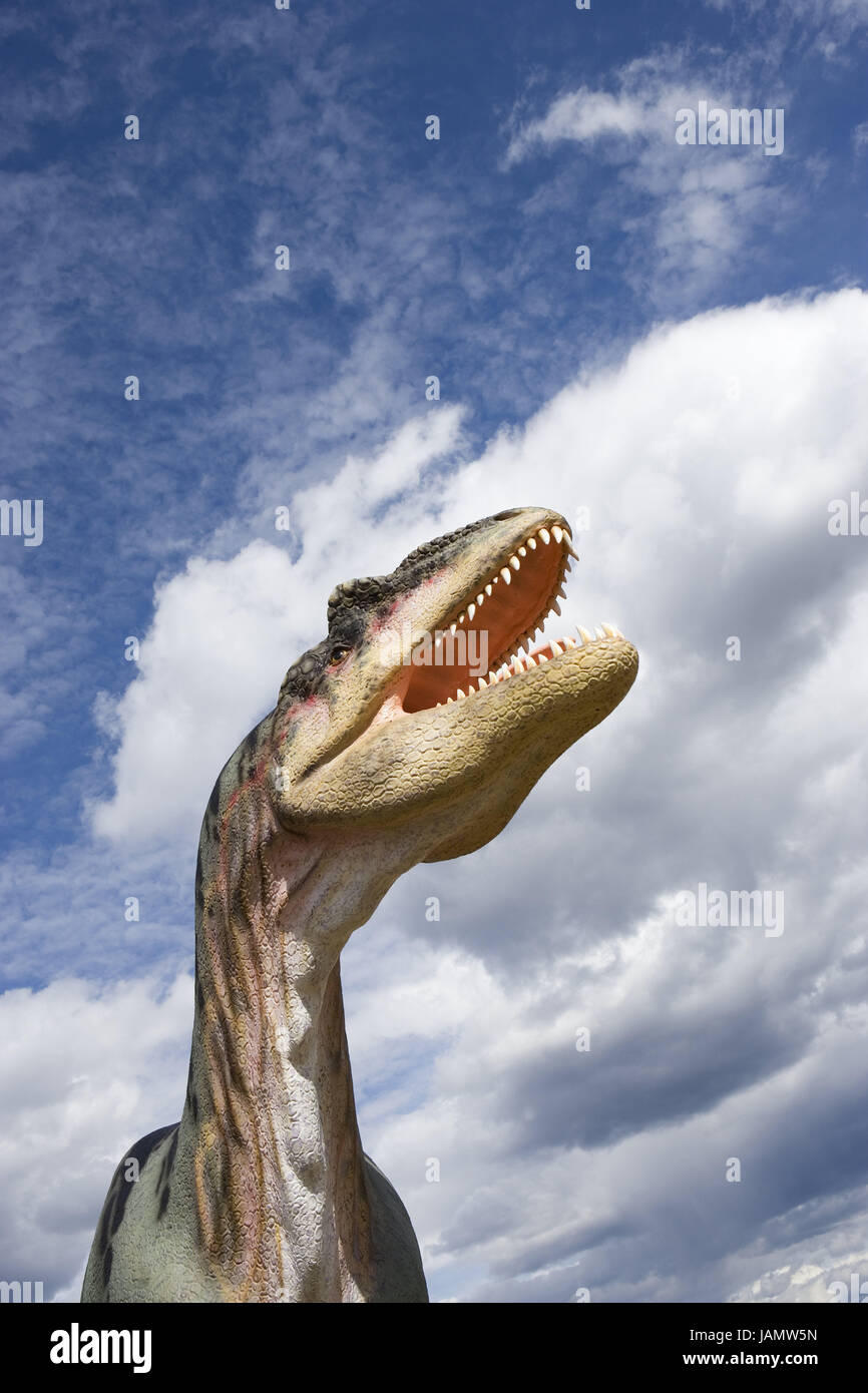 Dinosaurier, Seite Porträt, bewölkten Himmel, Tiere, Tierwelt, alte Tiere, Urzeit, Echsen, Theropoden, Tyrannosaurus Rex, prähistorische, ausgestorben, drohend, Saurier-Modell, Modell, Simulation, Replik, Mund, Zähne, Biss, Wiederaufbau, plastisch, lebensecht, gefährlich, drohend, natürliche Größe, Größe, Kopf, Fleischfresser, Himmel, Wolken, niemand, im Außenbereich Stockfoto