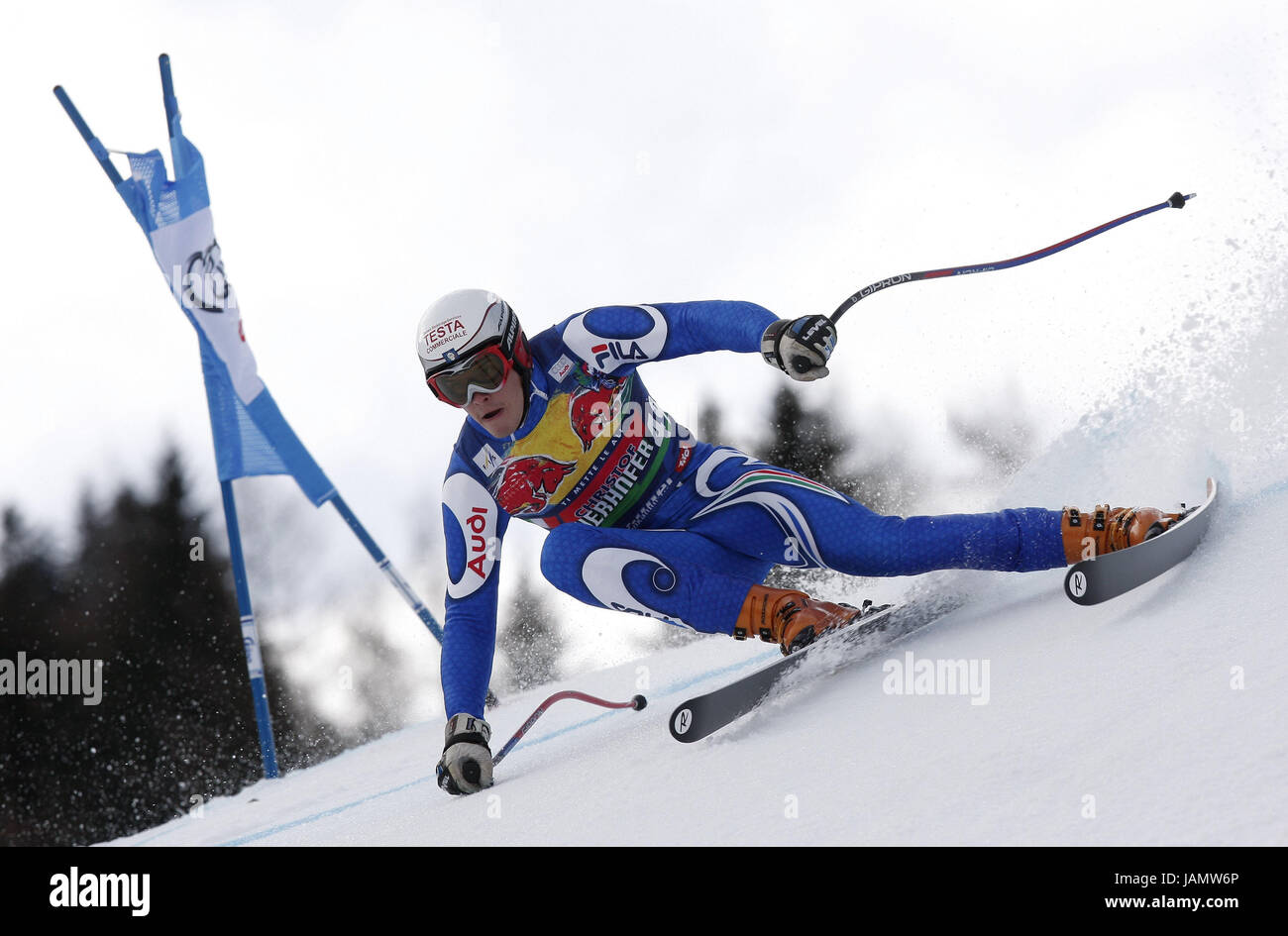 Österreich, Kitzbühel, Hahnenkamm-Rennen, Ski Alpin, Abfahrt, Ski-Rennfahrer, Christof Innerhofer, kein Model-Release, keine Property-Release, Hahnenkamm, Start-und Landebahn, Ski Piste, downhill-Rennen, Ski-Abfahrt, Rennfahrer, Rennsport, Läufer, Bewegung, Wintersport, Rennen, Ski, Ski-Rennen, Tor, Geschwindigkeit, Winter, Sport, Skifahren, Stockfoto