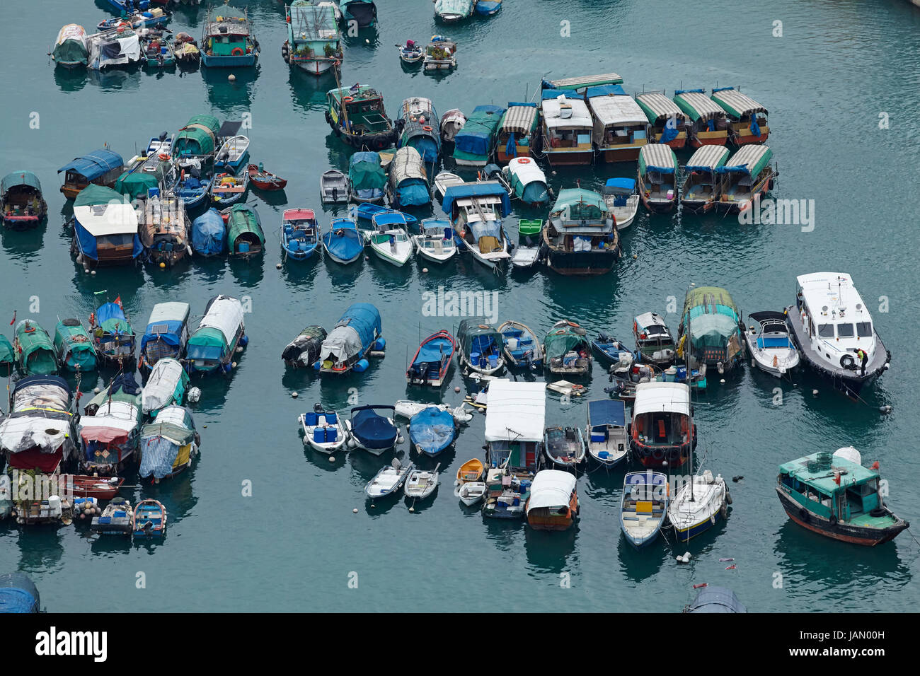 Boote im Yachthafen in Causeway Bay Typhoon Shelter, Causeway Bay, Hong Kong, China Stockfoto