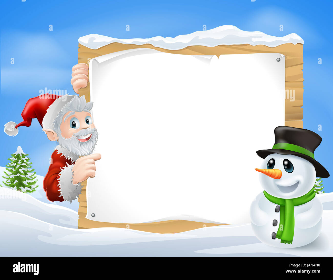 Weihnachtsmann und Cartoon Schneemann Schild mit