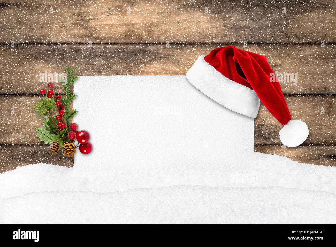 Leere Weihnachtskarte Vorz Holzwand Und Schnee Stockfoto
