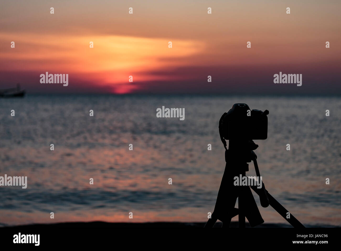 Kamera auf ein Stativ, um die Sonne und die Landschaft fotografieren Stockfoto