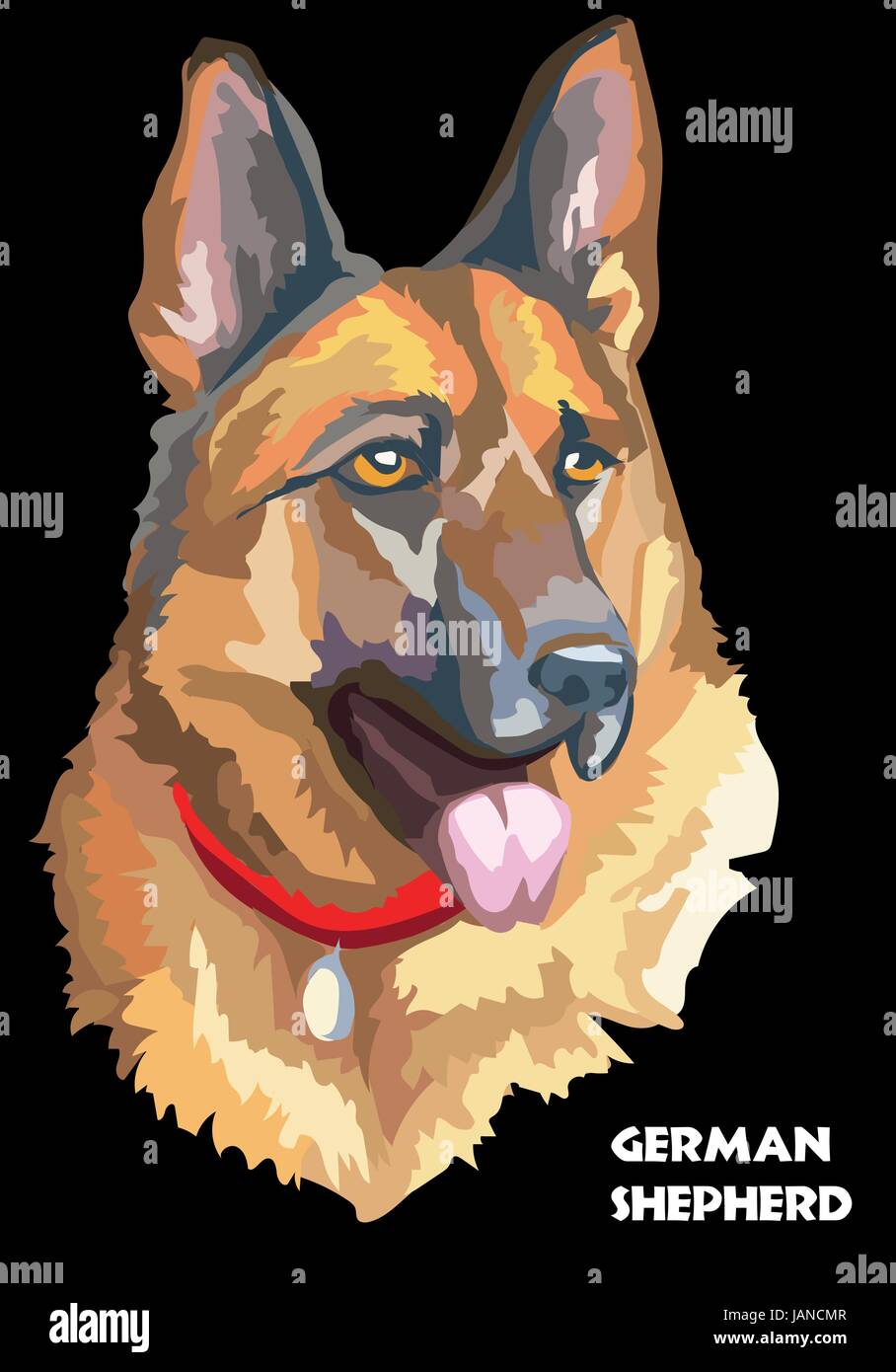 Bunte isoliert Porträt des deutschen Schäferhund-Vektor-Illustration auf schwarzem Hintergrund Stock Vektor