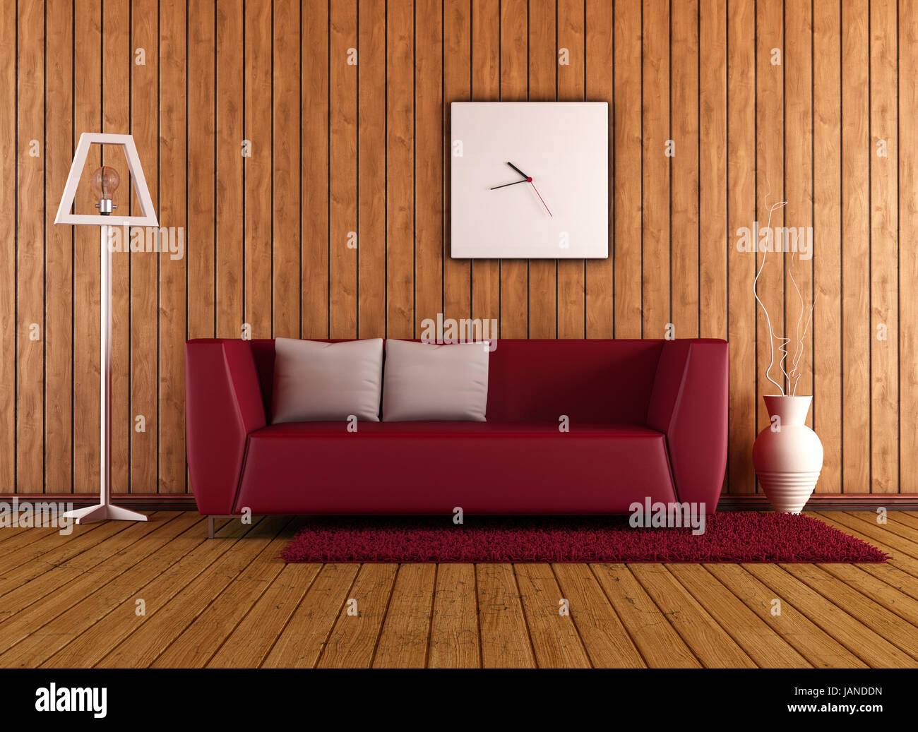 Modernes rotes Sofa in einem Raum aus Holz - Rendering Stockfotografie -  Alamy