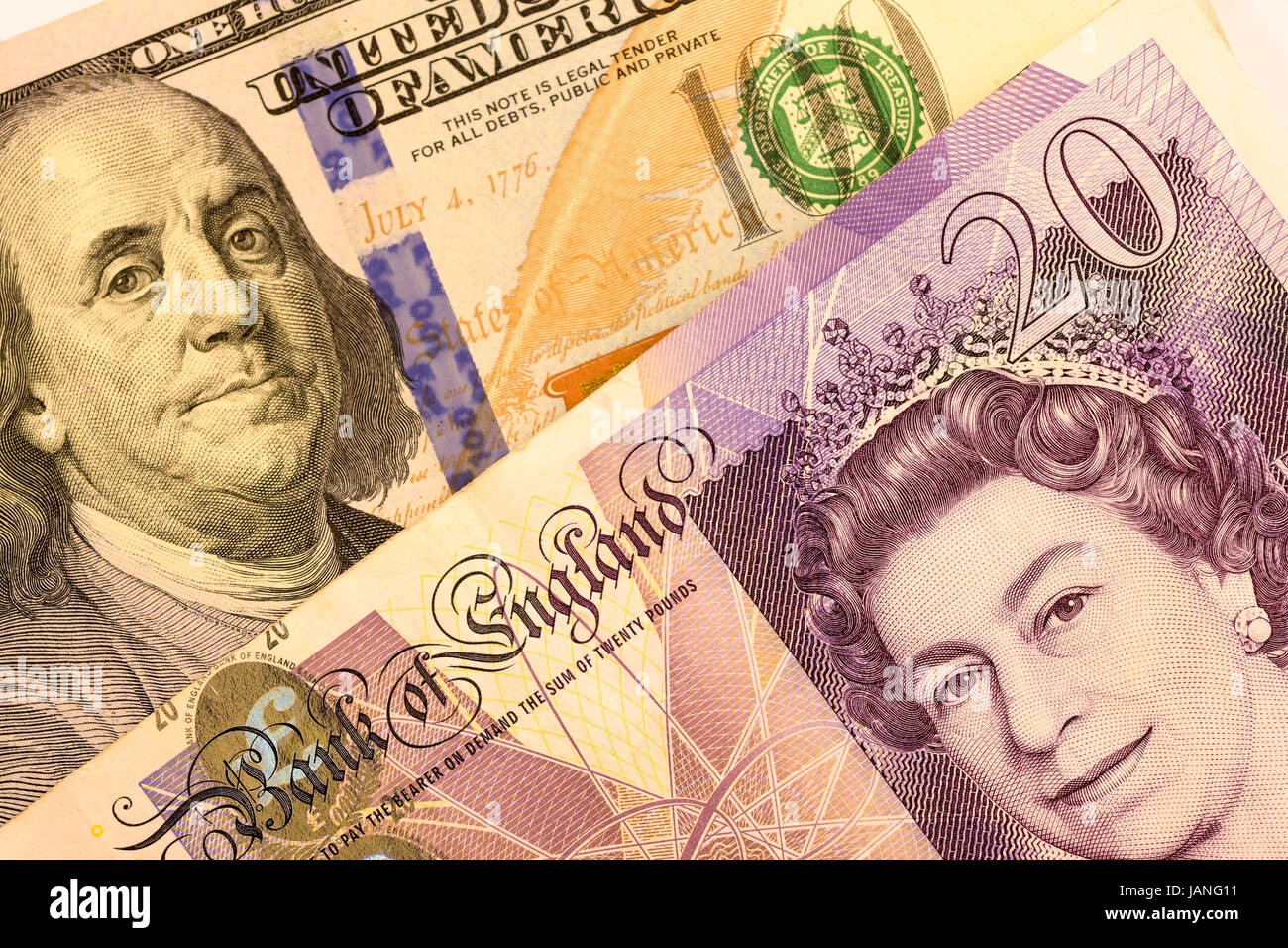 Großaufnahme Pfund, USD und Euro, Dollar und Euro-Banknote Stockfoto