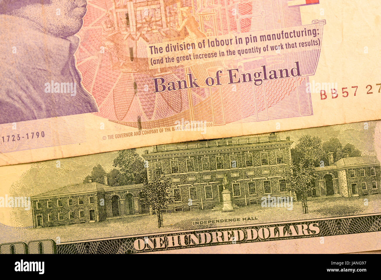 Großaufnahme Pfund, USD und Euro, Dollar und Euro-Banknote Stockfoto
