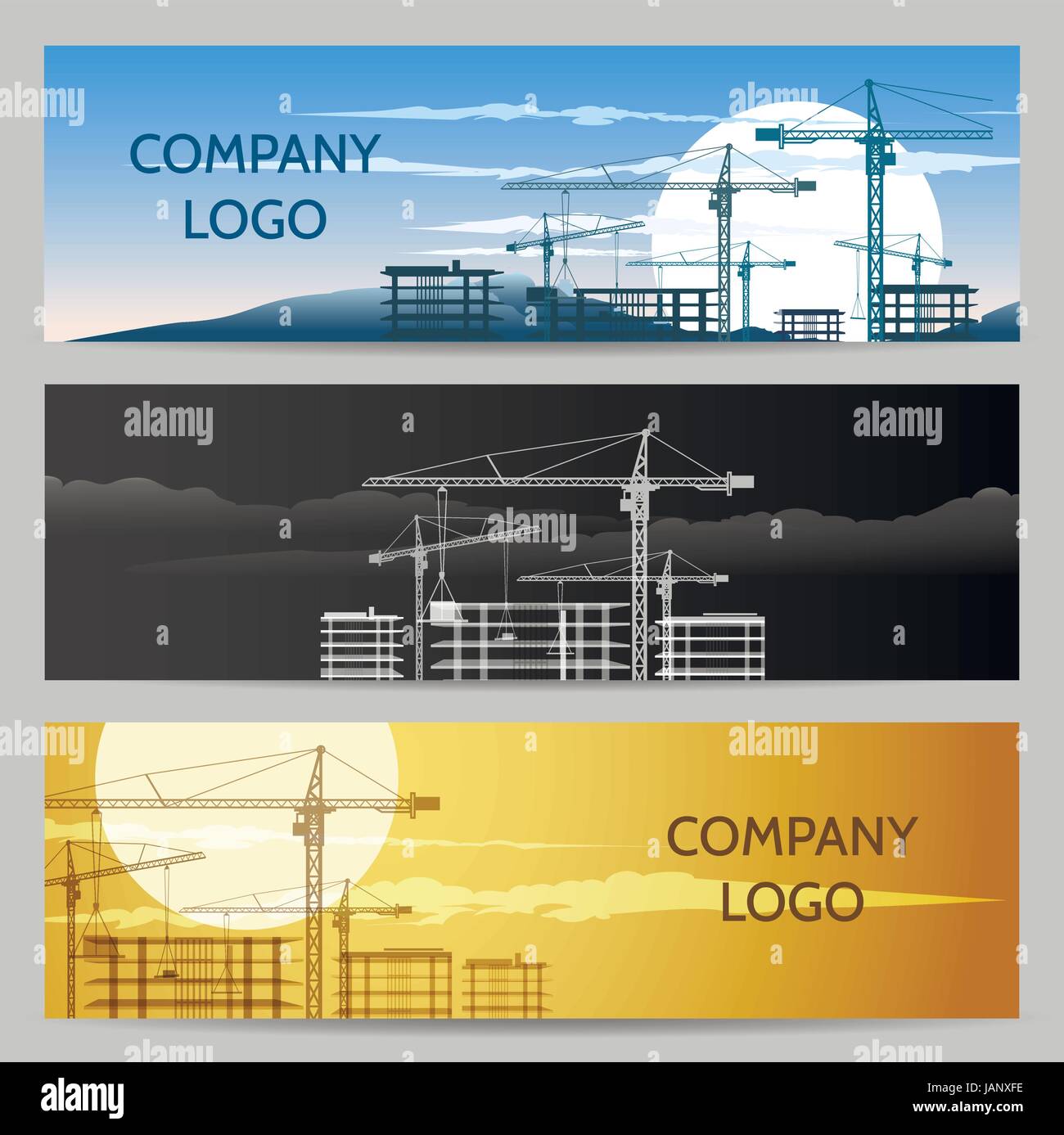 Horizontale Banner mit Konstruktionen und bebaute Fläche. Industriedesign Vektorelemente festgelegt. Stock Vektor