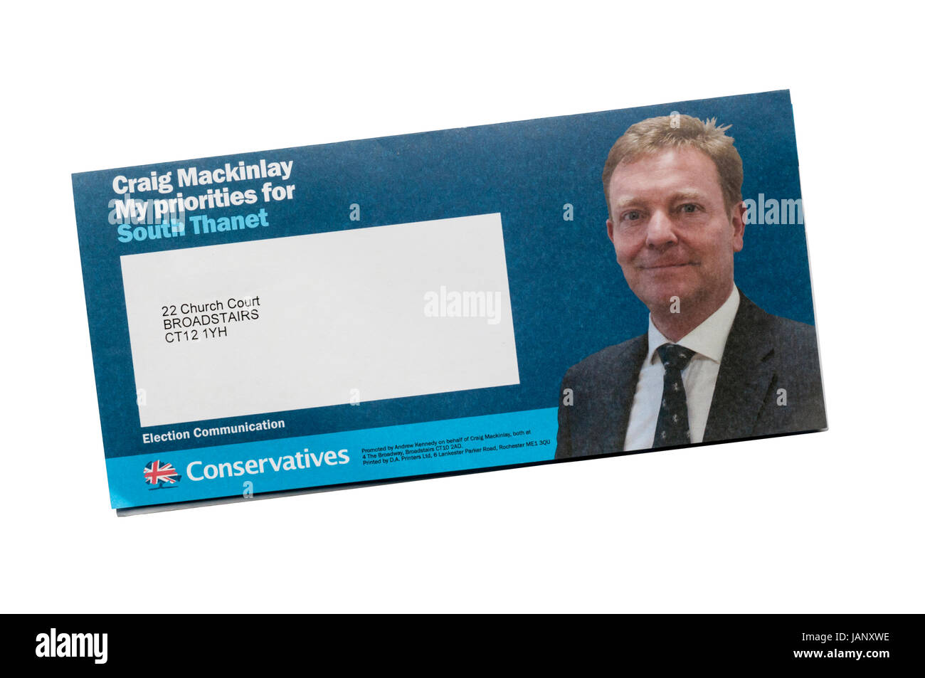 Eine Wahl-Broschüre für Craig McKinlay stehen für die Konservativen im Süden Thanet. Stockfoto