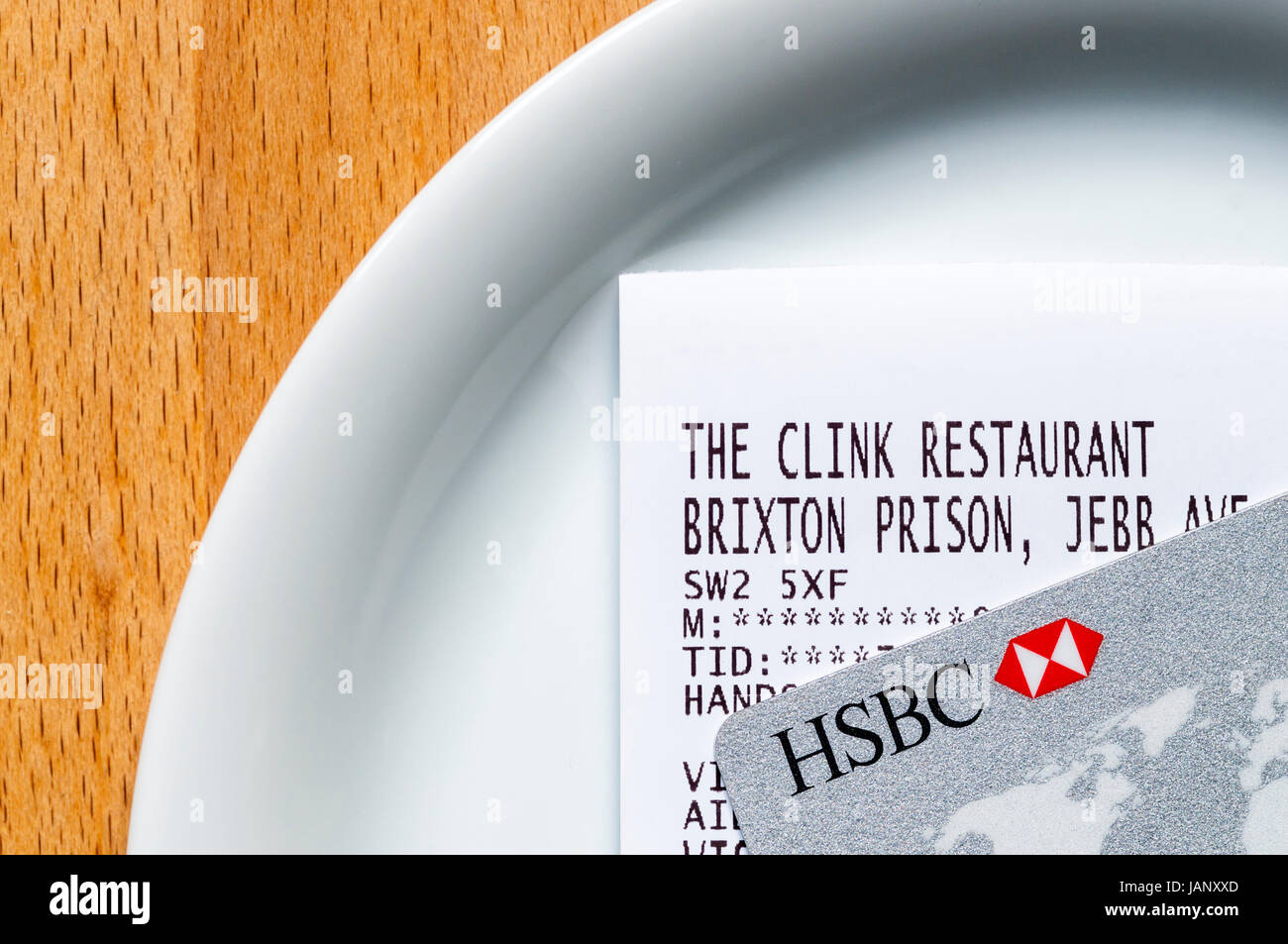 Eine Restaurantrechnung aus The Clink Restaurant von Gefangenen in Brixton Gefängnis geführt. Stockfoto