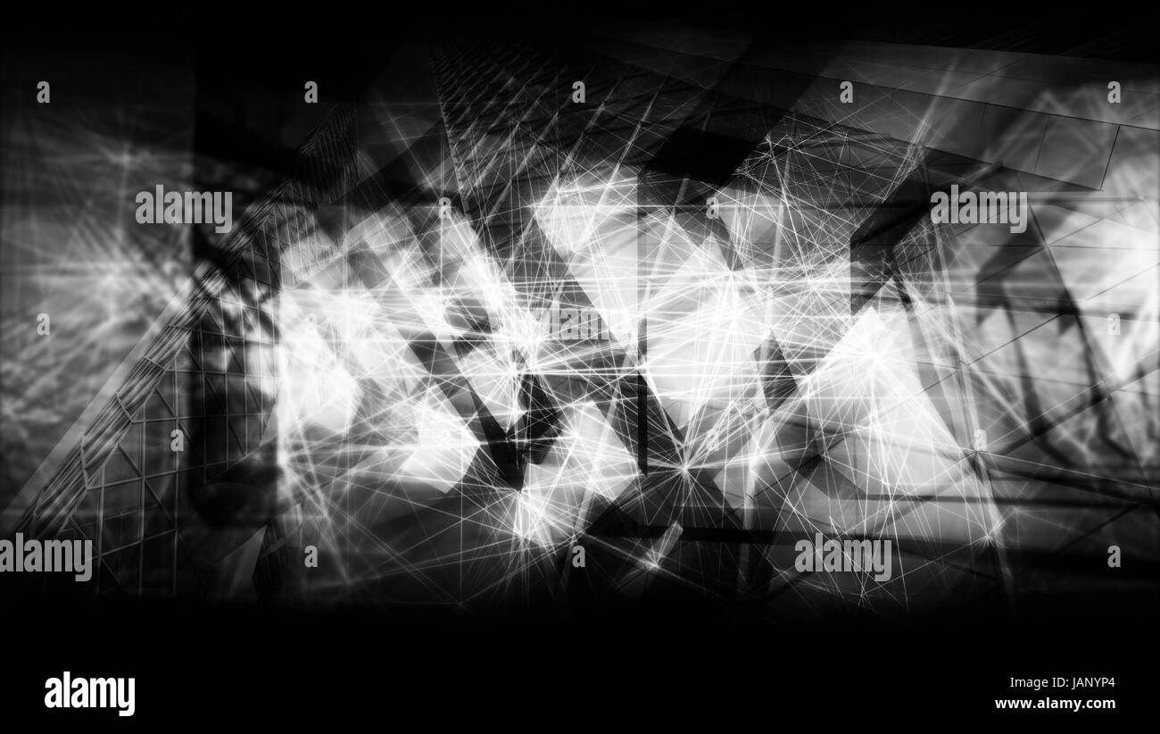 Abstrakte schwarz-weiß künstlerischen digitalen Hintergrund, Hightech-cg-Konzept mit chaotischen polygonalen Strukturen und Drahtrahmen Linien, 3d Illustration Verwendung Stockfoto