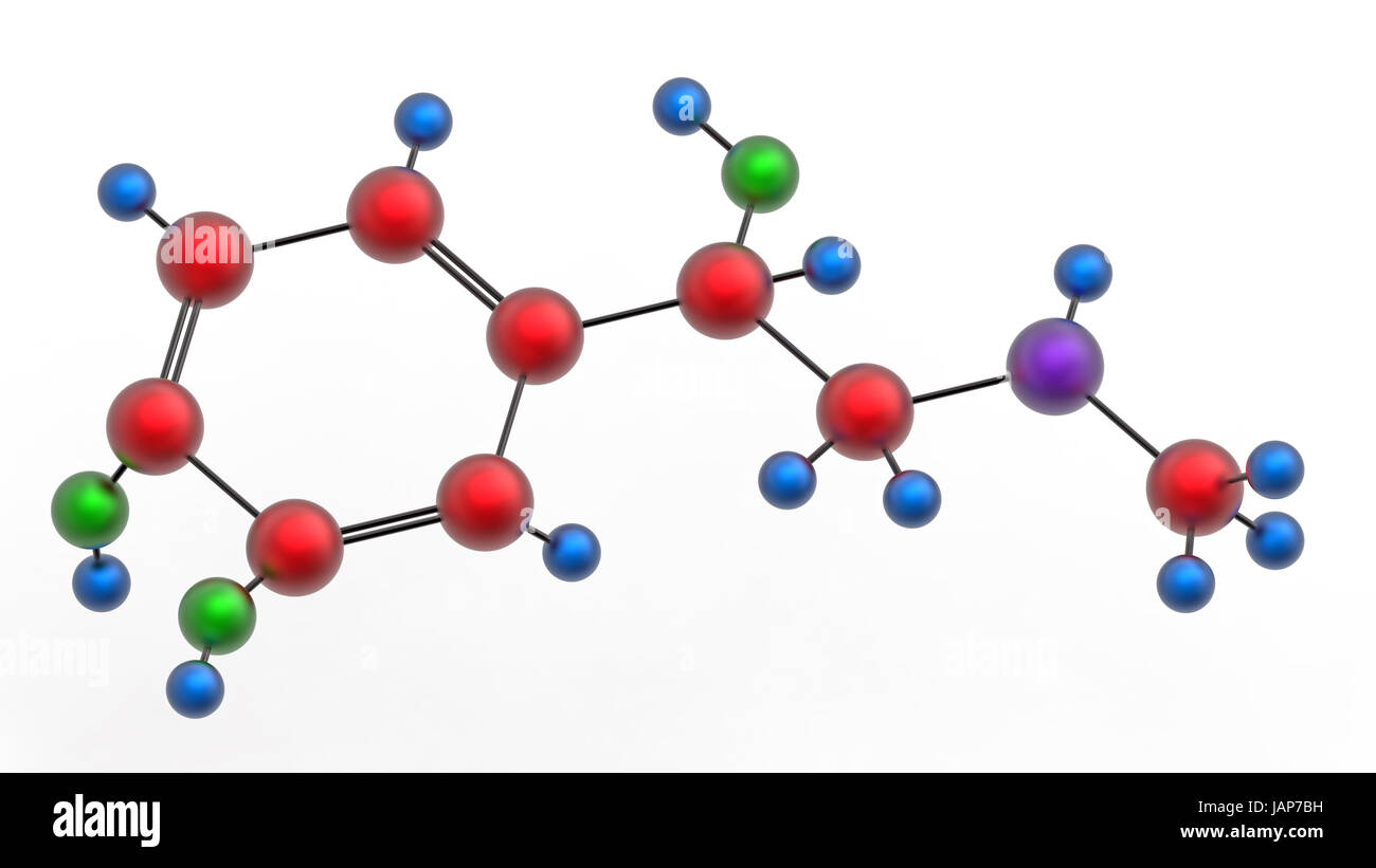 Molekül von Epinephrine (Adrenaline), 3D render, isoliert auf weiss ...