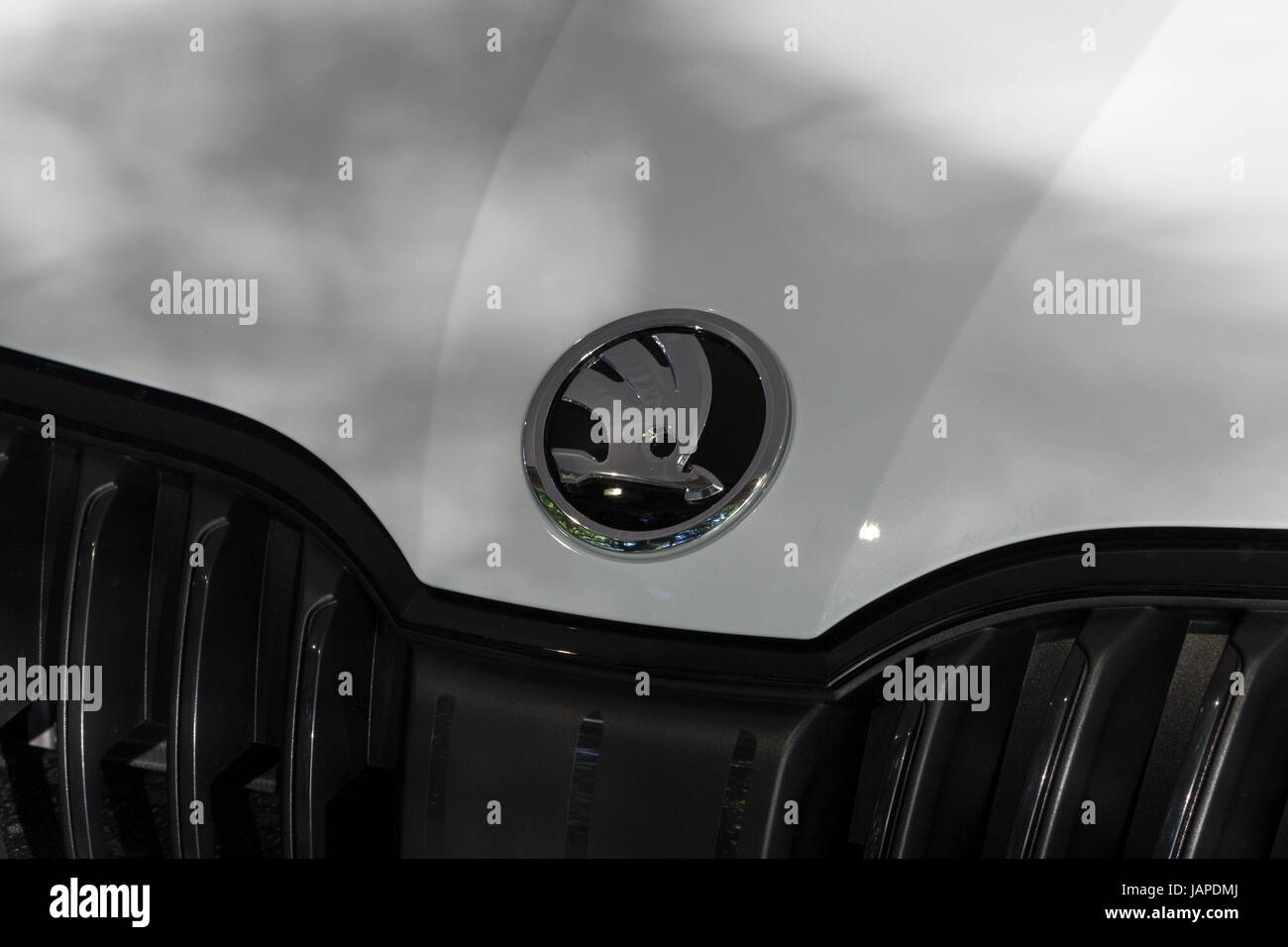 Turin, Italien, 7. Juni 2017. Detail des Skoda-Abzeichen. Dritte Auflage des Parco Valentino Auto Showcars Gastgeber von vielen Automobilherstellern und Auto-Designer Valentino Park in Turin, Italien. Stockfoto